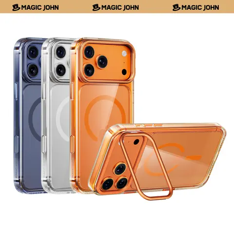 MAGICJOHN Crystal Smartphone Cover & Accessories for iPhone 17/17 Air/16/15 Pro Max - Aluminium Kickstand, Multi-Angle Adjustable Lens Stand, Raised Camera Protection, Wireless-Compatible
