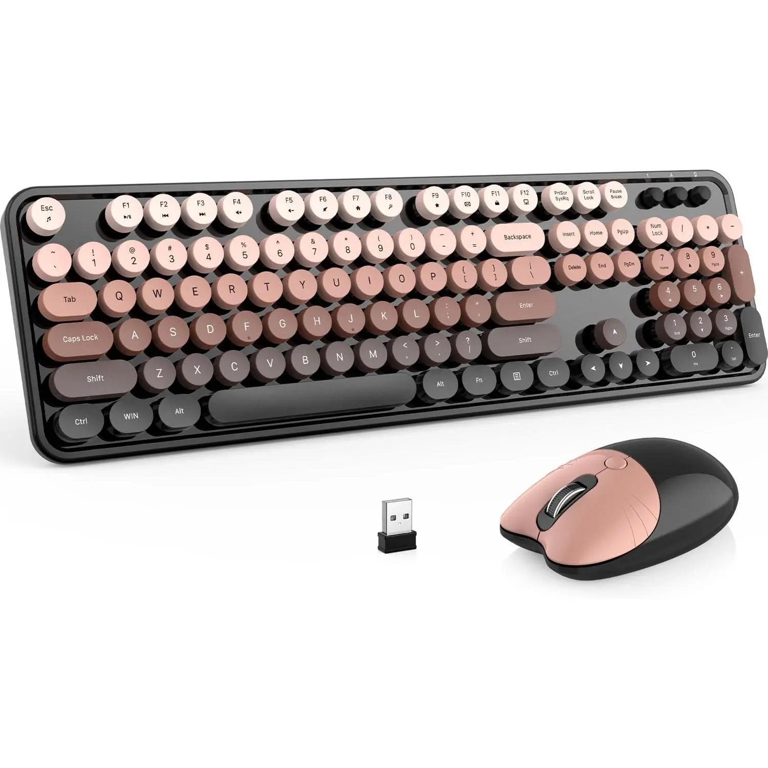 h-18  Wireless Keyboard and Mouse Combo, 2.4 GHz Full-Size Retro Round Keyboard with 8 Multimedia & Shortcut Keys, Plug and Play, Compatible with Mac, Windows, Laptop, Desktop, PC - Coffee Gradient