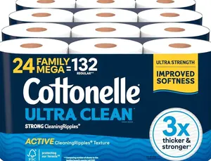Cottonelle Ultra Clean Toilet Paper with Active CleaningRipples Texture, Strong Bath Tissue, 24 Family Mega Rolls = 132 Regular Rolls (4 Packs of 6)