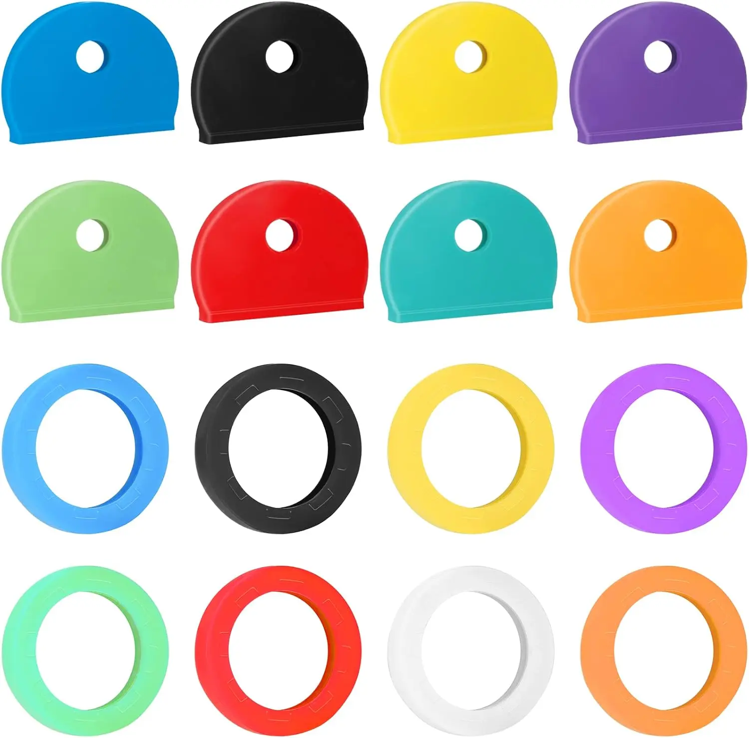 16-Pack Soft Flexible Round Rubber Protect Covers - Solid Key Cap Tags & Identifiers (0.9-1.0 in Standard Sizes, 2 Shapes) for Standard Flat House, Car Keys, Vinyl