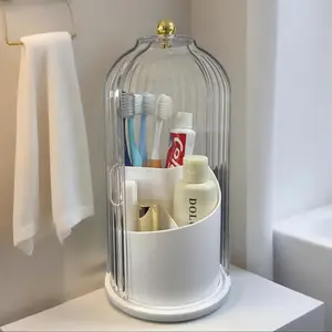 360 Rotating Toothbrush Holder Organizer, Dustproof Makeup Brush Storage with Drainage & Anti-Slip Base, Clear Bathroom Counter Organizer for Electric Toothbrush, Vanity & Skincare Accessories