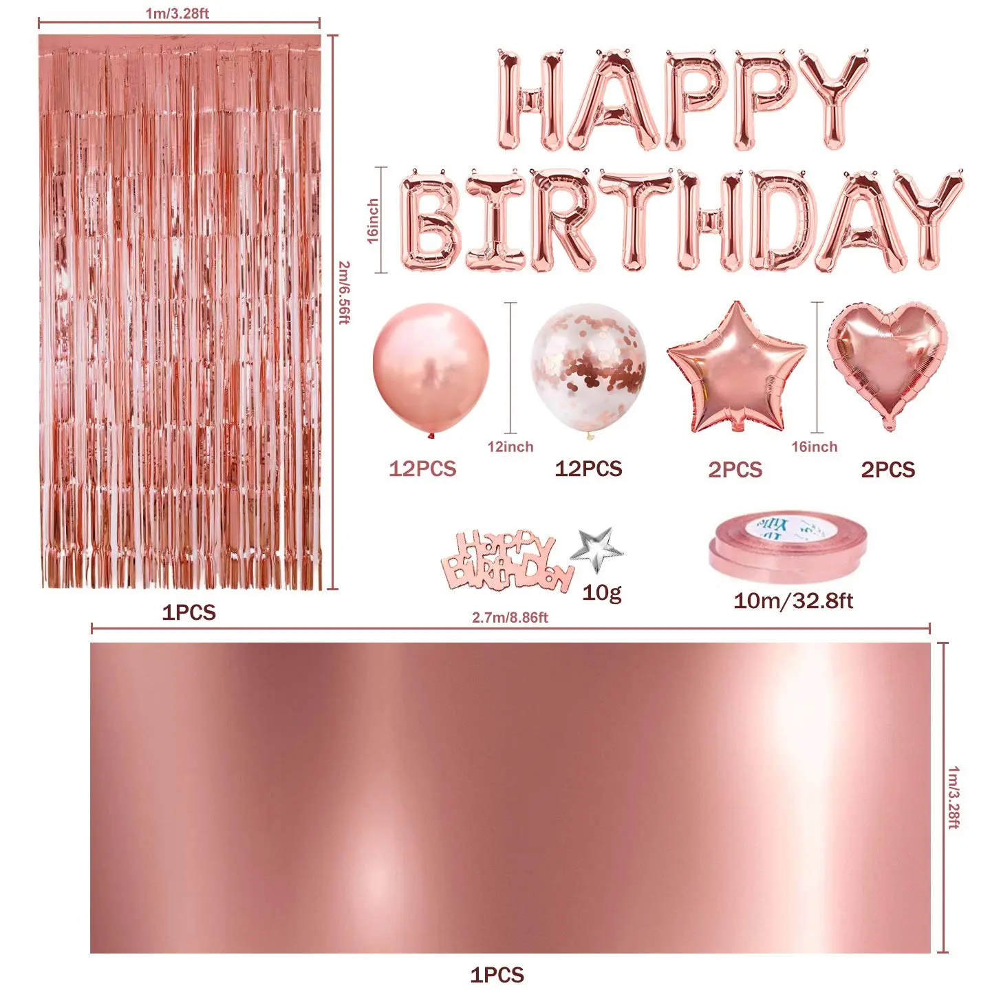 Rose Gold Birthday Decorations Set, Happy Birthday Banner with Fringe Curtain, Foil Tablecloth & Confetti Balloons, Room Decor Photo Backdrop for Birthday Party Setup