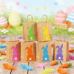 6/18/24 Colorful Rabbit Kraft Paper Bag Gift Bag, with Handle, Suitable for Birthday, Party, Festival, Wedding, Shopping Easter Celebration Activities, Spring Party.