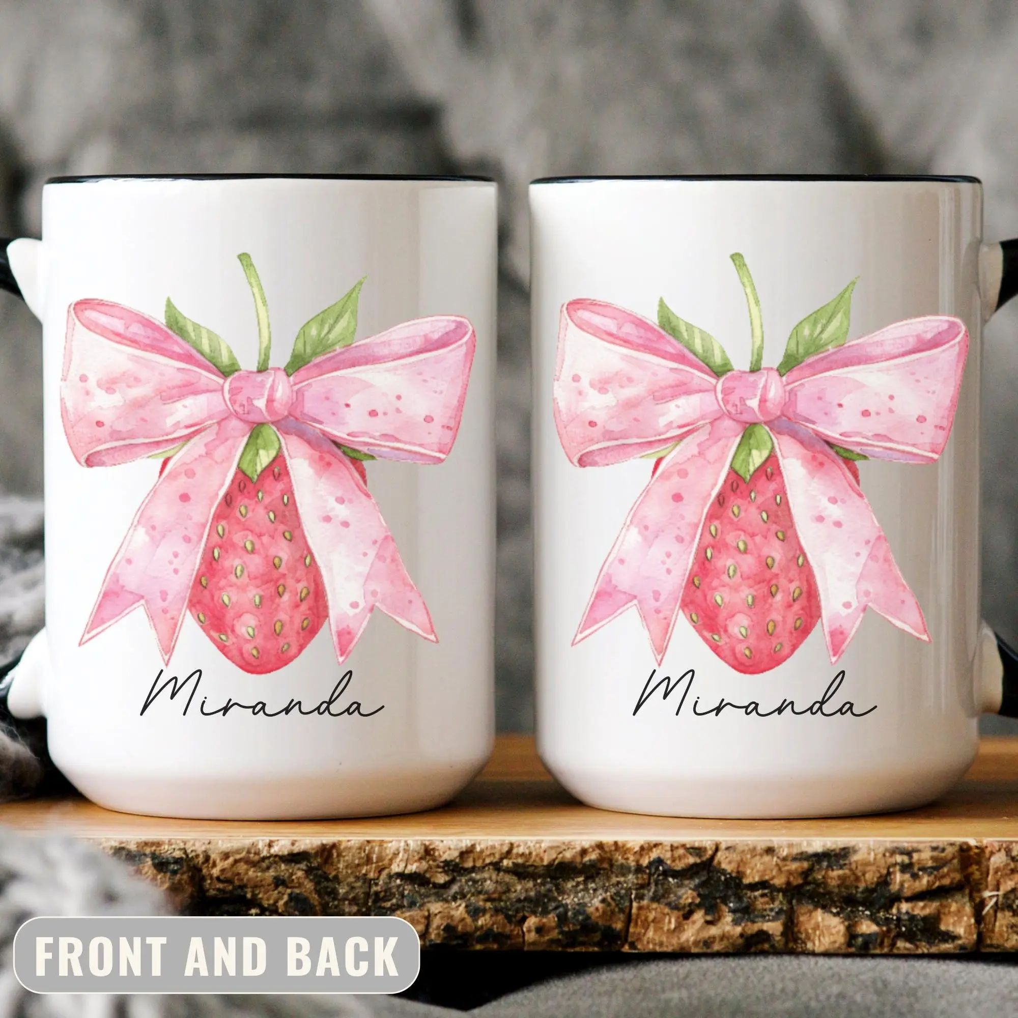 Personalized Coquette Strawberry Mug, Custom Pink Coquette Bow Mug, Bridesmaid Gift, Mom Birthday Mug Gift, Bestie Cup, Fruit Lover Mug Gift 