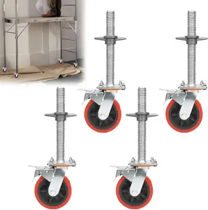 4 Pack 6" Adjustable Leveling Scaffolding Wheels, 1-1/5" OD Scaffold Screw with Brake, 13" Hight Adjustable, Heavy-Duty Scaffold Leveling Jacks