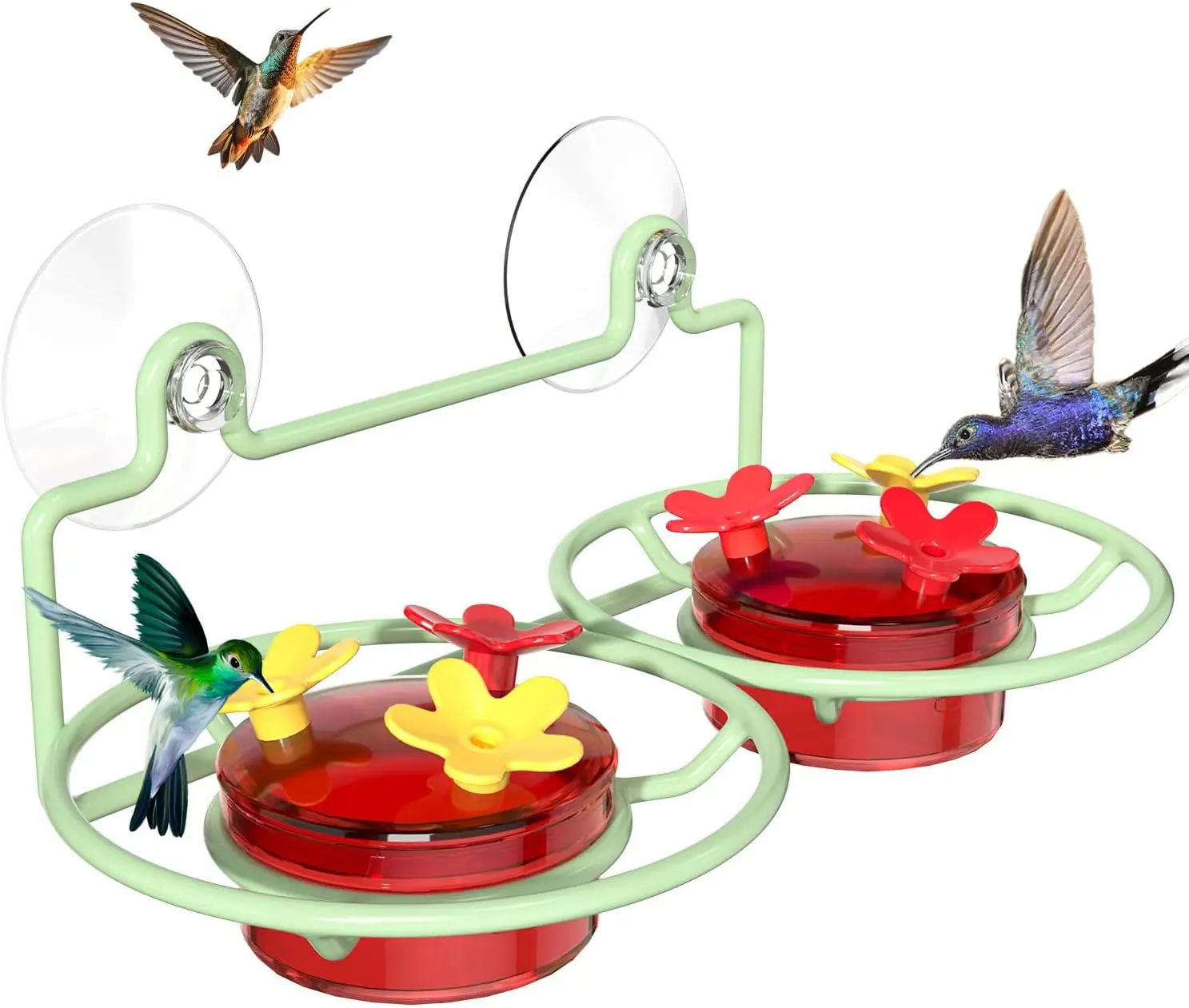 Window Hummingbird Feeder, Small Hummingbird Feeder for Outdoors with Strong Suction Cup - Metal Base & 6 Feeding Ports, Easy to Clean and Refill