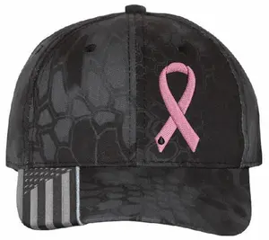 Cancer Awareness Support Ribbon Embroidered Typhoon Adjustable Hat with Flag Brim Black Camo Design