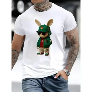 Cool Streetwear Bunny Graphic T-Shirt, Men's Hip Hop Rabbit Tee, Casual White Short Sleeve Shirt