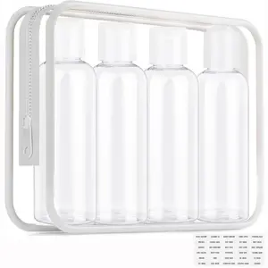 Clear Toiletry Travel Bottles, 3.4oz/100ml TSA Approved Empty Containers with Toiletry Bag -  Kit with Labels for Shampoo, Conditioner, Lotion, and Airplane Accessories(4Pack, White)