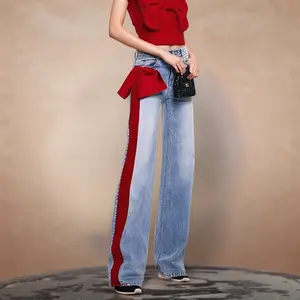 Vintage Light Blue Straight-Leg Jeans Women Mid-Rise Loose Fit With Red Webbing & Bow Decor Casual Daily Pants
