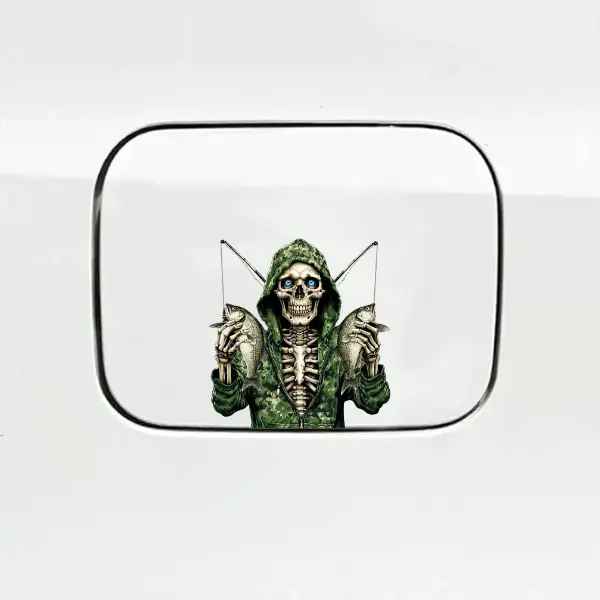 Skeleton Fishing Sticker, Skull Angler Holding Bass Fish Vinyl Decal, Waterproof Resistant Truck Boat Tackle Box Sticker