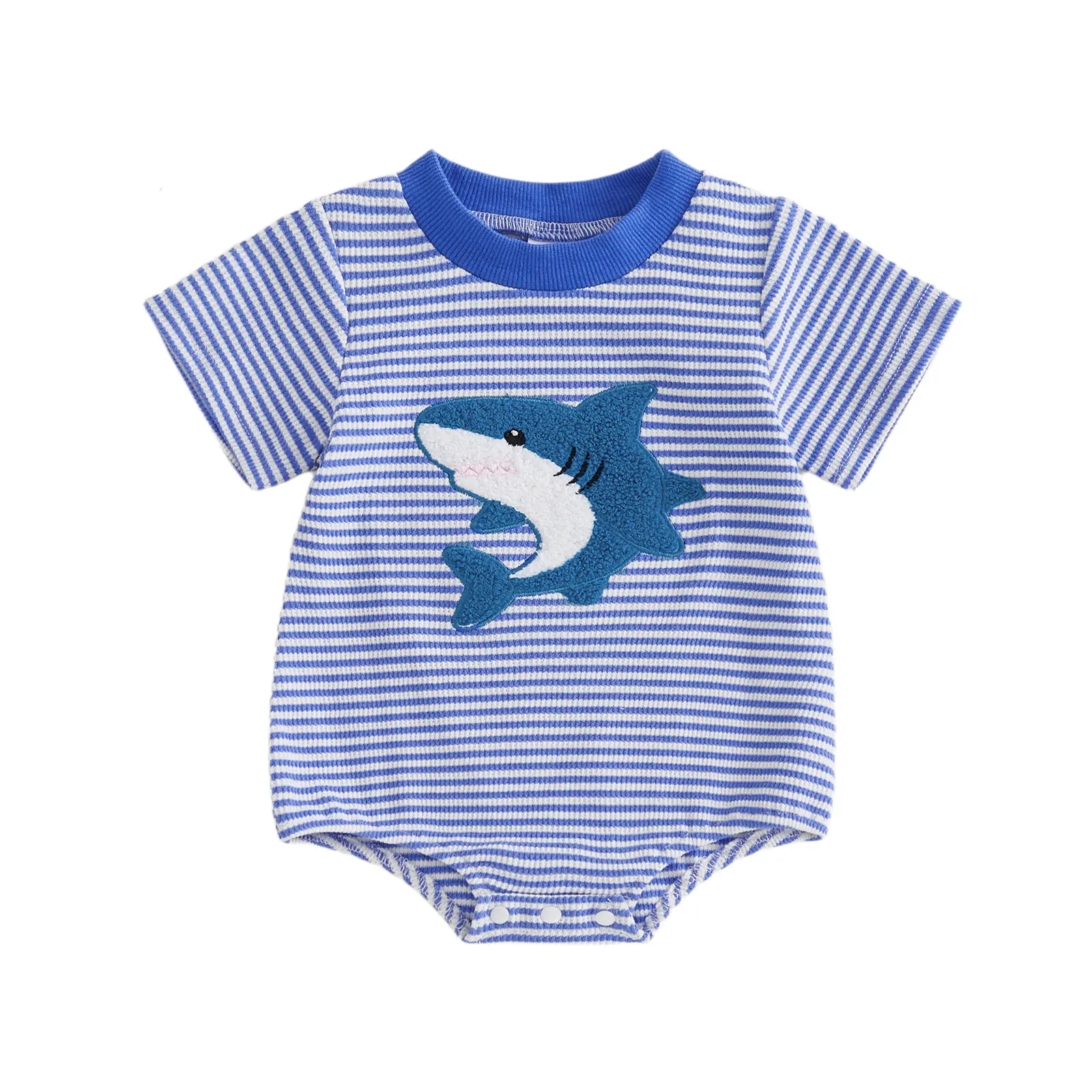 Newborn Baby Boy Romper Short Sleeve Waffle Striped Shark Bodysuit Summer Clothes Infant Baby Sea Animal Outfit