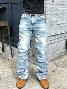 Men's Straight Leg Denim Jeans, Washed Vintage Style, Casual All-Season Wear, Comfortable Fit, Perfect for Daily Use, Men's Fashion