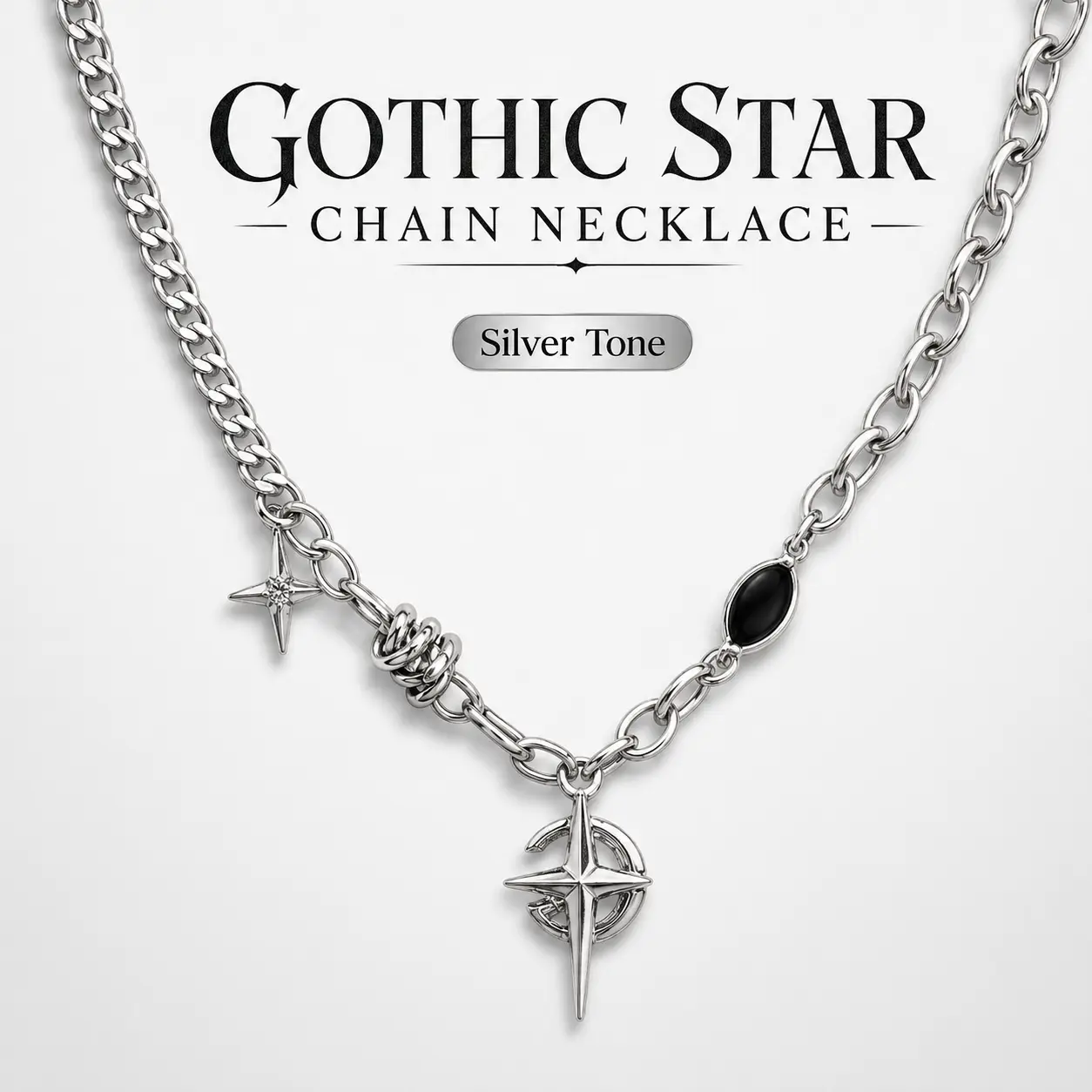 Women's Silver Compass Star Pendant Necklace - Black Oval Charm, Adjustable Length Chain-Link, Casual Alternative Fashion Jewelry, Elegant Edgy Mysterious Stylish Daily Wear Perfect Gift Accessory, Adjustable Length Necklaces