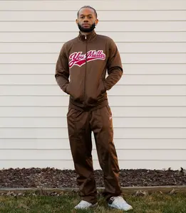 Men's Embroidered Sewn Polyester Casual Track Pants with Zipper Pocket - Brown, Mens Clothing