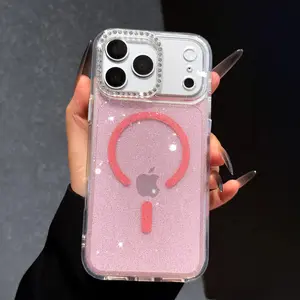 Glitter Clear Magnetic Phone Case for iPhone 17/16/15/14/13 Pro Max, Sparkle Pink MagSafe Case with Rhinestone Camera Protector, Shockproof Bling Transparent Cover for Women Girls