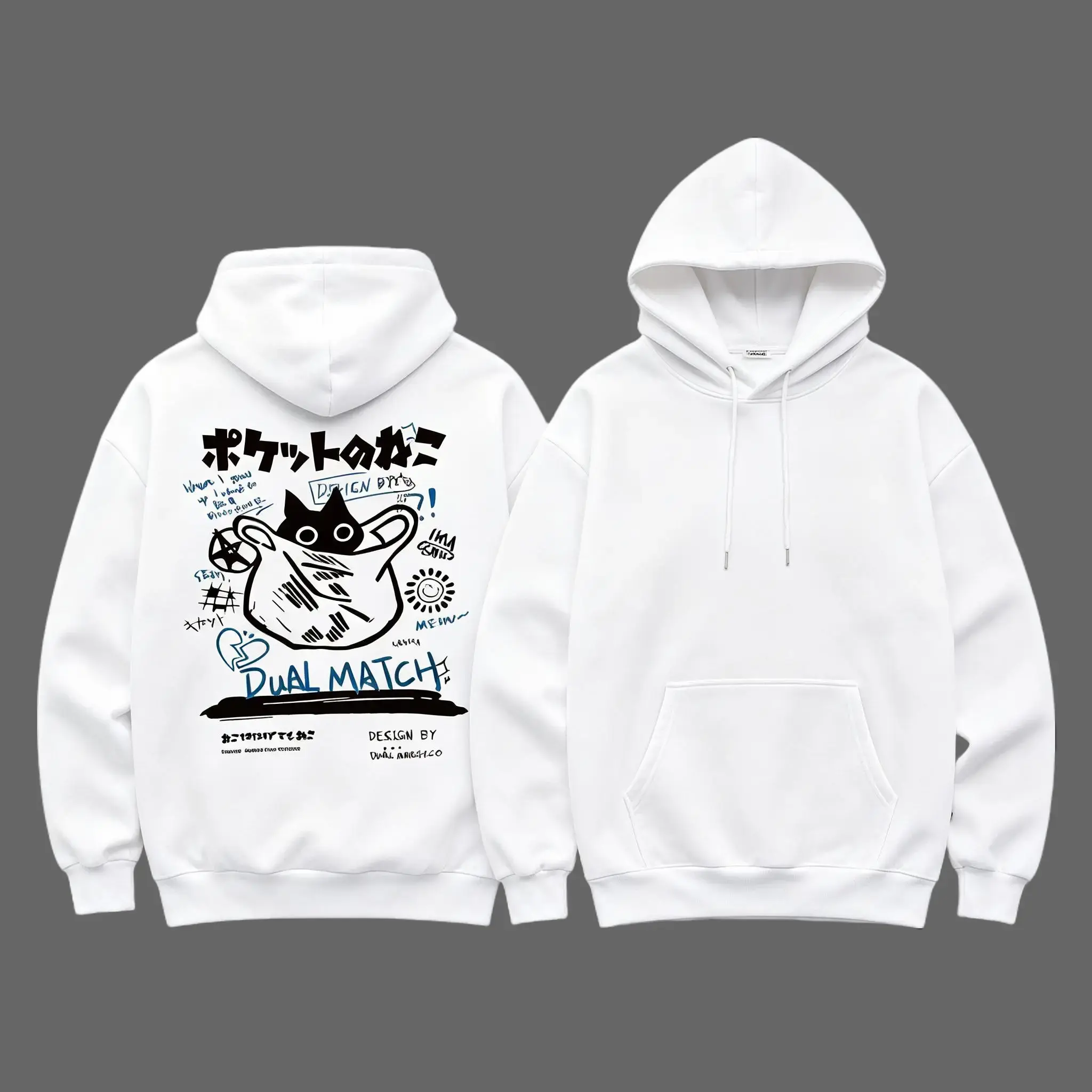 Men's Cartoon Cat & Letter Print Drawstring Thermal Lined Knit Hoodie, Casual Regular Fit Long Sleeve Pocket Hooded Sweatshirt for Fall & Winter, Men's Clothes for Daily Wear, Graphic Hoodies Menswear Pullover Fashion White