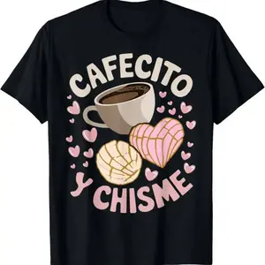 ‘CAFECITO y CHISME’ Spanish Graphic Tee - Coffee Cup, Churros & Hearts for a Sweet Latin Vibe (Black)