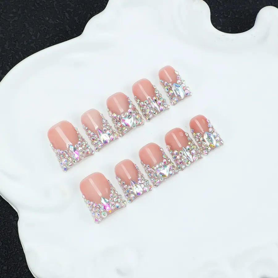 10Pcs Handmade French Tip Press On Nails, Y2K Bad Girl Style 3D AB Rhinestone Acrylic Fake Nails, Reusable Detachable DIY Manicure Kit, Free Nail Tool Kit for Women, Fashionable Rhinestone Decorated, Suitable for daily party attire and gifts for women