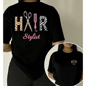 HAIR Stylist' Leopard Print Tool Double-sided Print T-shirt Hairstylist Career Style Casual Top