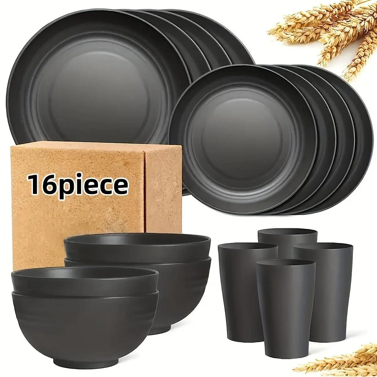 16Pcs Plastic Wheat Straw Dinnerware Set, Reusable Plastic Plate Set for 4, Kitchen Plates And Bowls Set Include Dinner Platos, Dessert Platos, Cereal Bowls, Cups for Daily, Camping