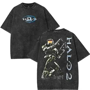 Halo 2 Vintage Washed Heavyweight Cotton T Shirt Mens Premium Comfort Crew Neck Graphic Print Casual Streetwear Retro Urban Top Daily Wear Fashion Outfit Soft Breathable Classic Fit Stylish Street Style Tee