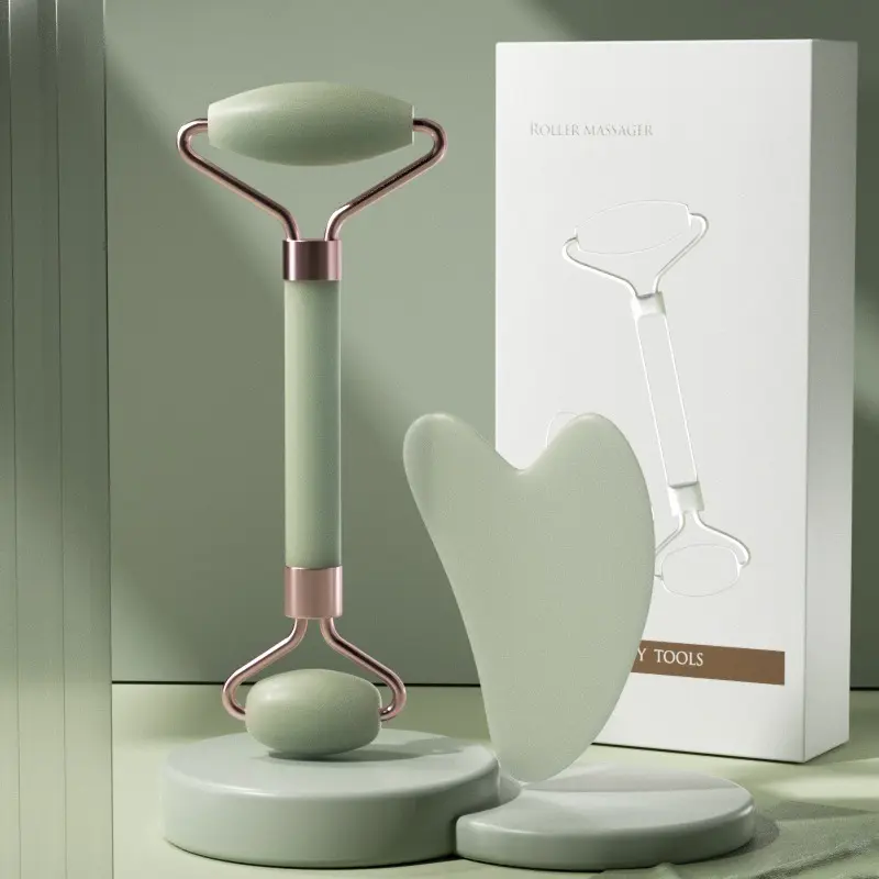 Dual-Ended Rose Quartz-Jade Roller & Gua Sha Set, Premium Facial Care Tools - Gentle Cosmetic Home Beauty Tool for Face & Eyes to Reduce Puffiness, Smooth Wrinkles - All-Inclusive Self-Care Gift, Silky, Evening, Face Massage, Natural Jade, Puffiness Aid,,