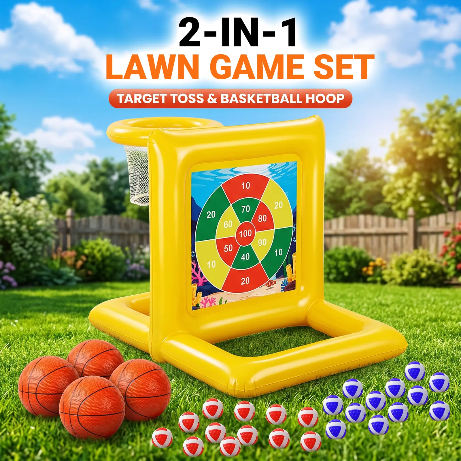 Inflatable Outdoor Game Set – 2-in-1 Target Toss & Basketball Hoop Game – Backyard Lawn Games, Beach Activities, Family Party Fun, BBQ & Summer Parties