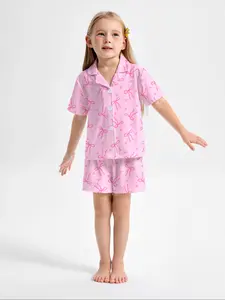 Bow Print Kids Pajama Set, Fire Retardant Fabric, Cute Style Sleepwear, Short Sleeve Button Front Top & Elastic Shorts, Casual Comfy Pyjama