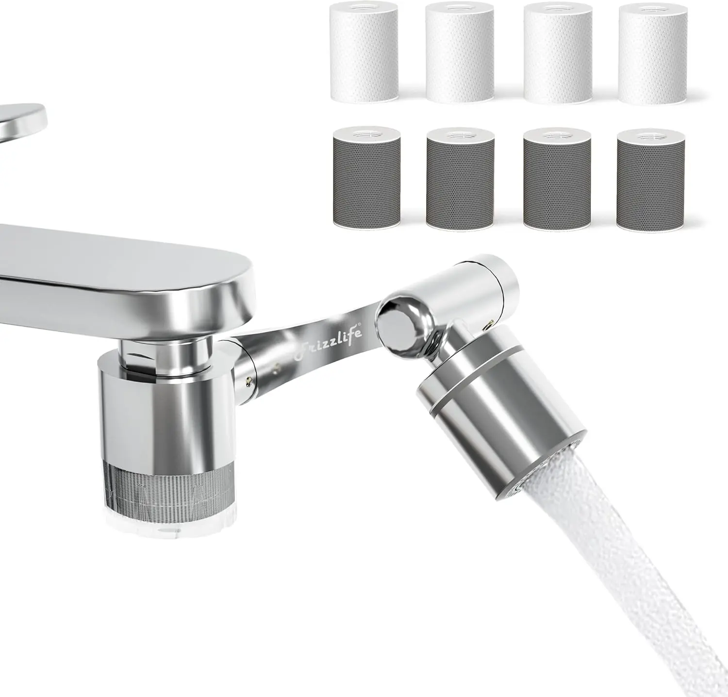 Frizzlife Sink Faucet Extender Water Filter System - 1440° Rotating Swivel Brass Aerator, 3-Mode Spray, 99% Chlorine Reduction, Easy Installation, Switch Function, 8 Replacement Filters (Kitchen/Bathroom Use)