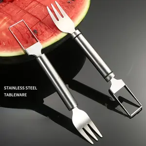Dual Fruit Slicer Knife Stainless Steel Fork Set, Ergonomic Handle Design, Easy Cut Vegetables and Watermelons, Safe and Simple Tool for Home Kitchen and Outdoor BBQ, Tableware, Utensils, Kitchenware