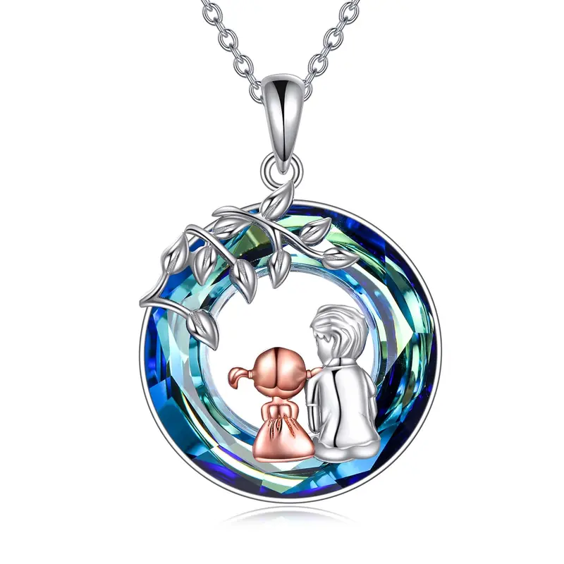 Brother & Sister Pendant Necklace - Sterling Silver with Blue Crystal, Symbol of Unbreakable Bond, Gift for Siblings & Best Friends