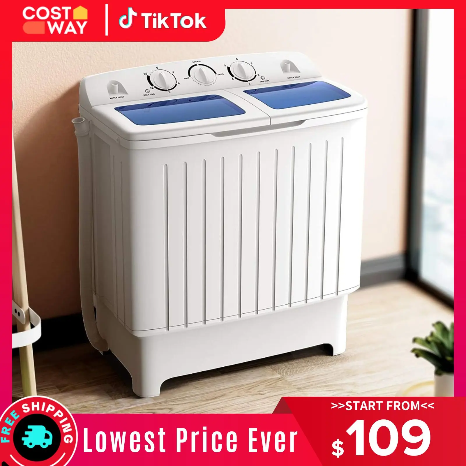 [Large Capacity] COSTWAY Portable Washing Machine, 26/20/17.6/13lbs Twin Tub Washing Machine w/Drain Pump, Semi Automatic Compact Washer & Sipnner, Portable Washer Dryer Combo for Apartments Dorms RV Camping,4th of july decor, dad gift