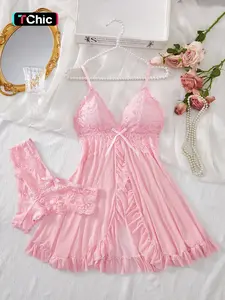 Women's Solid Floral Lace Sheer Mesh Sexy Lingerie Two-piece Set, Cute Bow Front Peplum Hem Cami Nightdress & Thong Set, Soft Comfy Breathable Lingerie Set for Women, Glam Lounge Wear, Lace Night Gown, Loungewear, Floral Lace Sleepwear