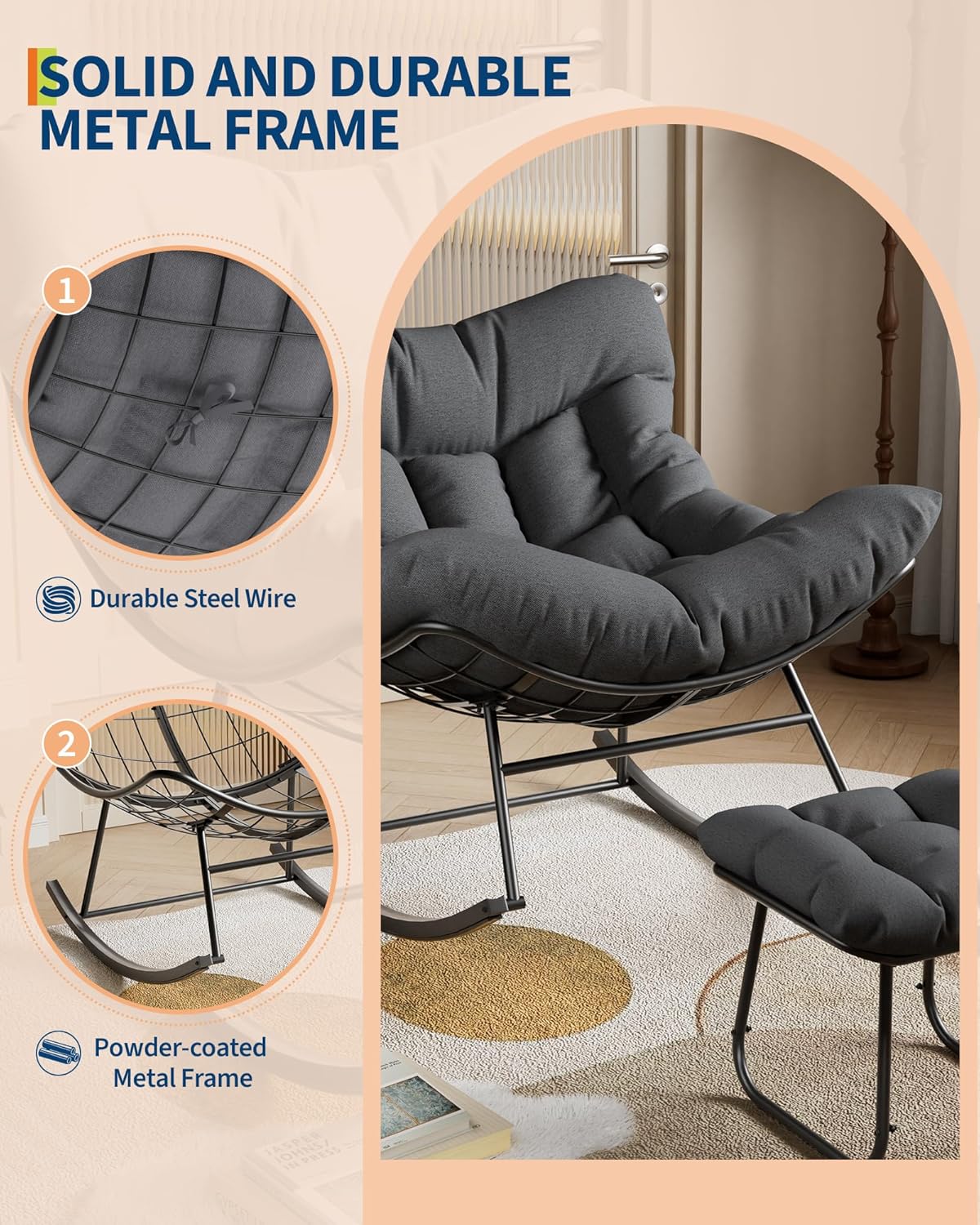 Outdoor Oversized Papasan Rocking Chair with Footrest, Patio Lounge Chair with Ottoman and Sturdy Metal Frame, Patio Rattan Egg Rocker for Balcony Backyard Porch Bedroom