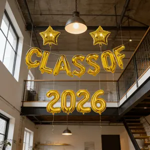Gold Graduation Themed Party Balloon Set | Includes Ribbon | 16 Inch “CLASS OF” Foil Balloon + Number 2026 Balloon | Perfect for Graduation Decor, Room Decor, Classroom Decor, Outdoor Events, Photo Booth Background | Great for Spring Party, Summer Birthda
