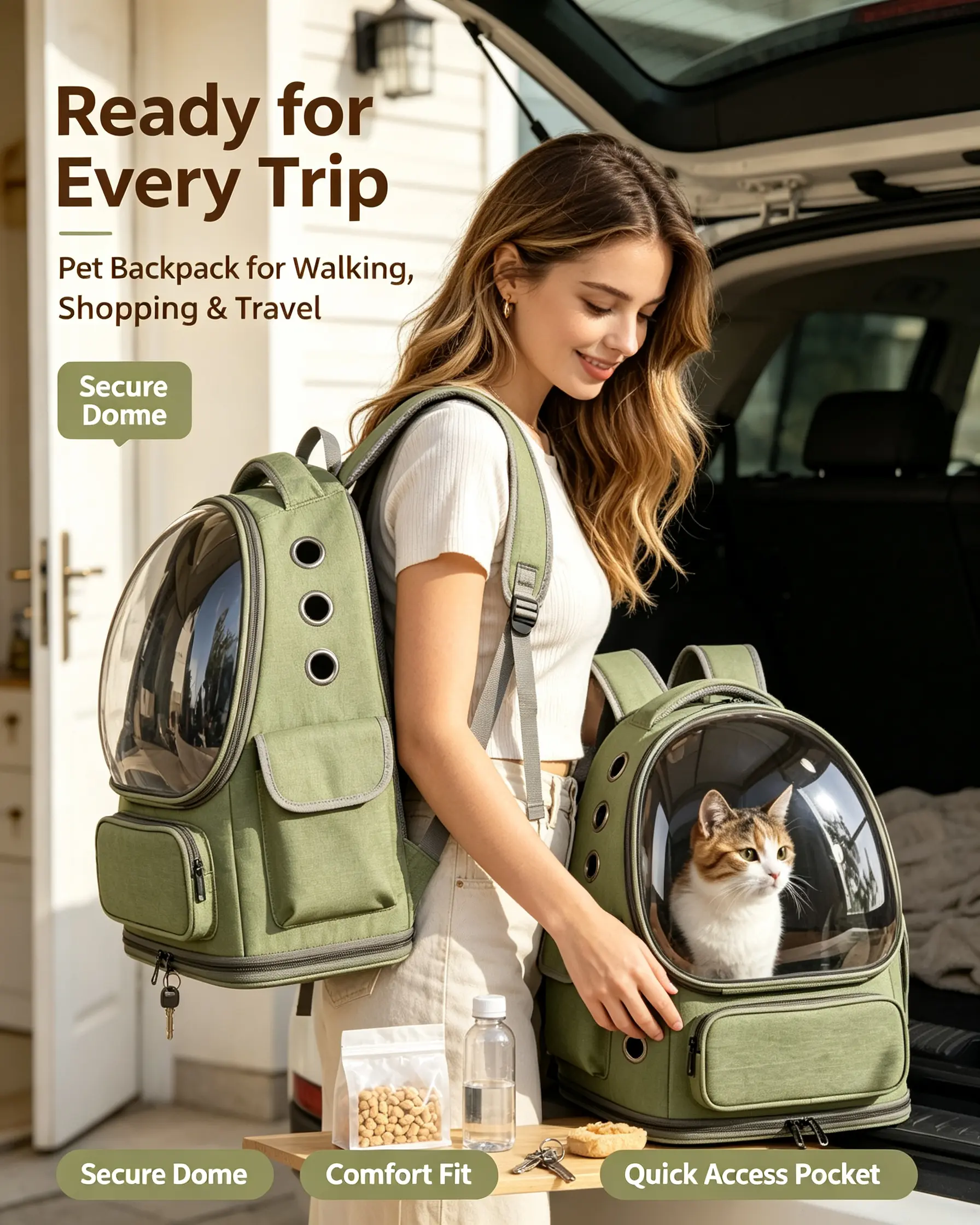 Cat Carrier Backpack Space Bubble Capsule, Breathable Oxford Pet Travel Backpack for Cats & Small Dogs, Airline Approved Ventilated Pet Backpack with Padded Shoulder Straps for Travel Hiking Walking, 2 Colors Available Black & Green