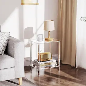 Acrylic Transparent Two-Layer Side Table, Small Modern Nightstand for Home and Office Use, Chic Living Room Decor and Storage Solution, Stylish Bedside Table