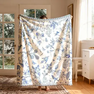 Blue-And- Floral Bird Theme Flannel Throw Blanket, Large Size, Soft Lightweight Warm, Perfect for Bed Sofa Office Camping Travel Gift