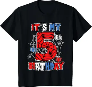 It's My 5th Birthday Spider Theme Party 5 Year Old Boys Kids T-Shirt