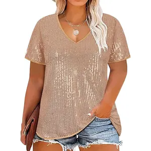 Plus Size Sequin Top for Women Short Sleeve Party Blouse Evening Sparkle Shimmer V Neck Glitter Shirt Ladies XL-5XL