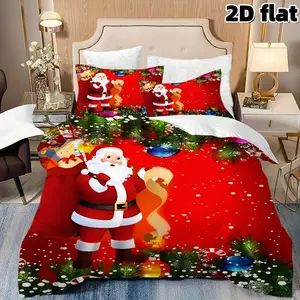 2D Flat 3Pcs Christmas Santa Claus Duvet Cover Festive Holiday Bedding with Decorative Pine Tree Ornaments Red Background Microfiber Bedding Collection Decorative Bedding Set (1 Duvet Cover+2 Pillowcases) Xmas Gift for Bedroom Christmas Gift