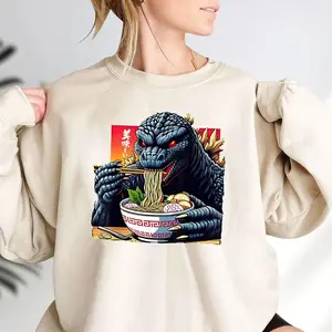 Japanese Godzilla Eating Ramen Sweatshirt, Cute Kaiju Anime Shirt, Japanese Monster Graphic Top, Adorable Godzilla Ramen Pullover, Funny Cozy Streetwear Sweater
