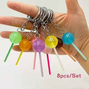 8pcs Glow-In-The-Dark Lollipop Keychains, Cute Keychain, Transparent Candy Charms, Realistic Candy Color Keyring, Bag Backpack Hanging Decor, Holiday Gift, Trendy Cute Keychain