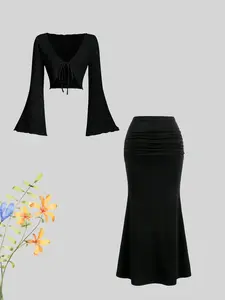 Women's Fashion Plain Color Multifunctional Hollow Out Belted Fitted Cardigan Set, High Waist Bell Bottom Tight Skirt, Ladies Dress Ensemble