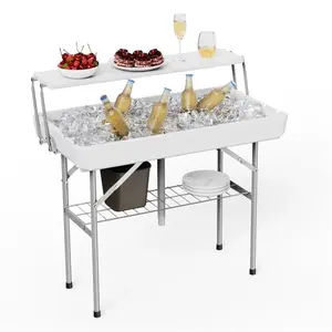 Portable Folding Kids Cooler Table – Double Shelf & Drain – Removable Skirt – Indoor Outdoor Children’s Party & Event Table – White