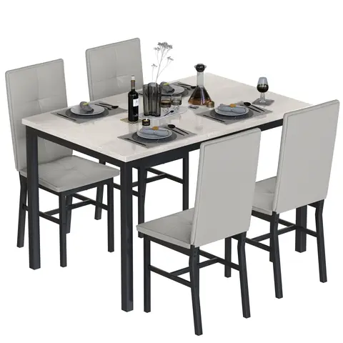 DKLGG Dining Table Set for 4, Modern Faux Marble Kitchen Table with 4 PU Leather Chairs, Dining Room Table Set for Dinette, Breakfast Nook Home Easy Assembly Trendy Texture
