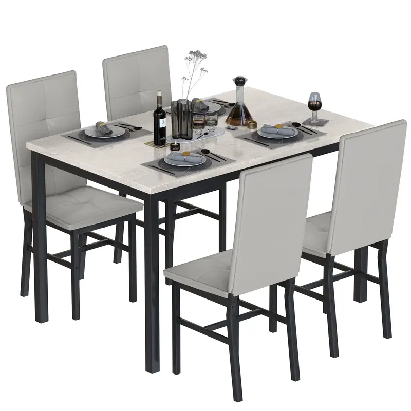 DKLGG Dining Table Set for 4, Modern Faux Marble Kitchen Table with 4 PU Leather Chairs, Dining Room Table Set for Dinette, Breakfast Nook Home Easy Assembly Trendy Texture