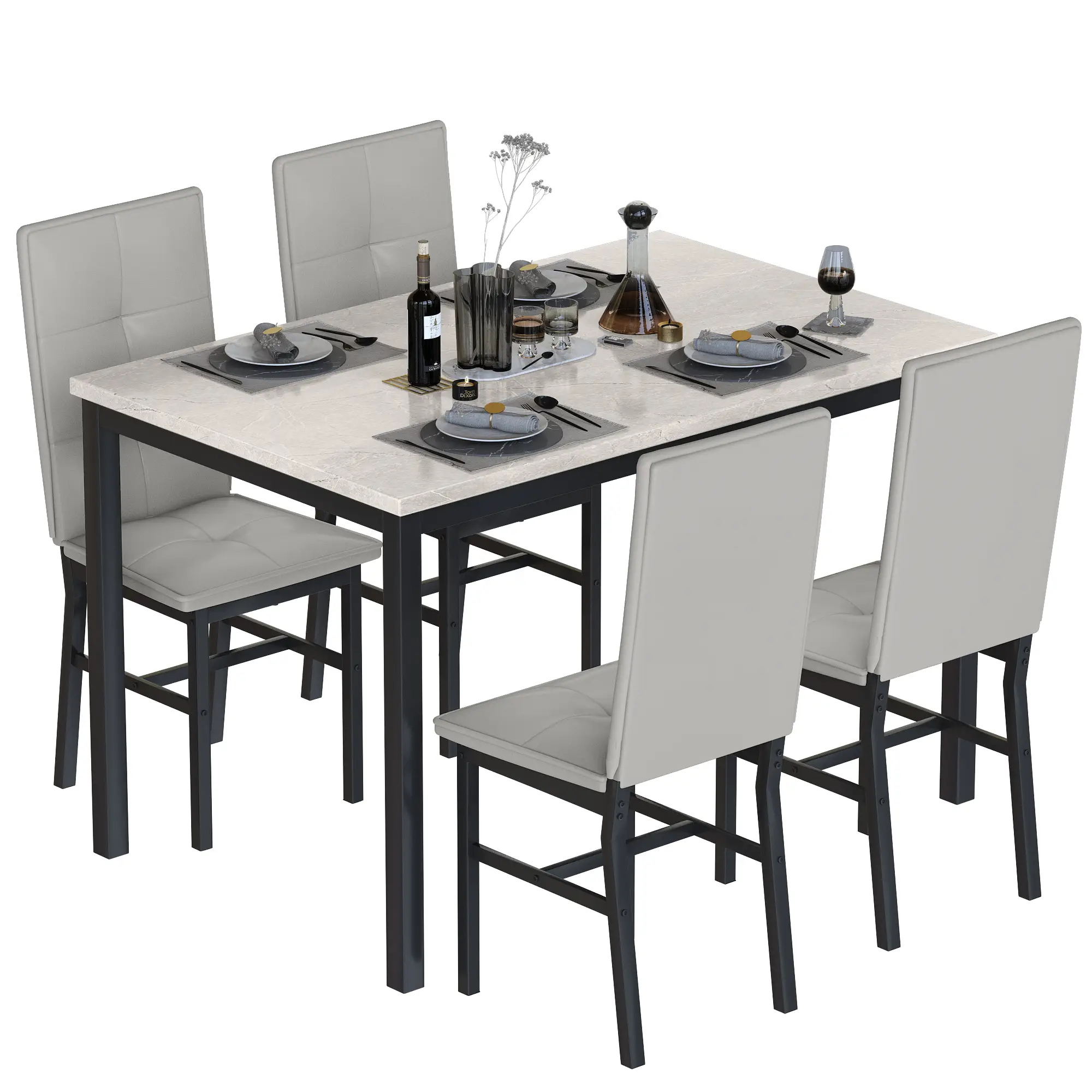 DKLGG Dining Table Set for 4, Modern Faux Marble Kitchen Table with 4 PU Leather Chairs, Dining Room Table Set for Dinette, Breakfast Nook