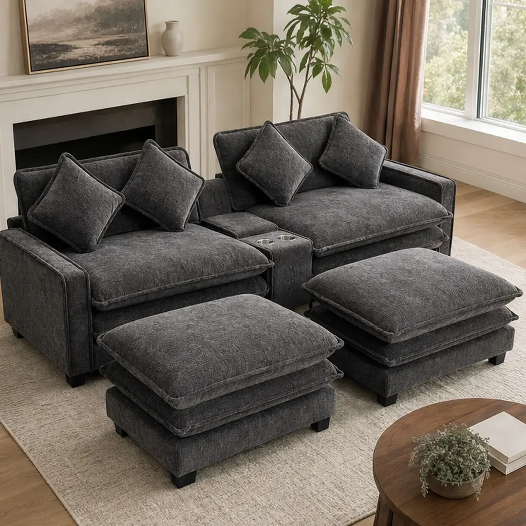 ARCH 111" Sectional Sofa with 2 Removable Ottomans, USB Ports, Cup Holders, Storage, Chenille Upholstered 4-Seat Couch for Living Room, Grey, Grey Color Options, Chenille Material, 4 Seat Seat Count, American Design Style, Product Weight: 227.96 lb